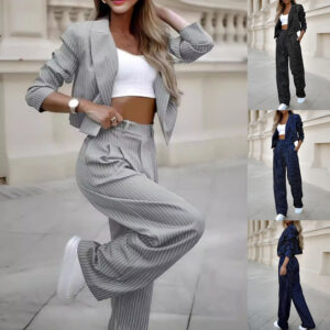 Women's Spring Fashion Striped Suits Casual Lapel Long Sleeve Cropped Top And Straight Pants Outfits Women's Clothing